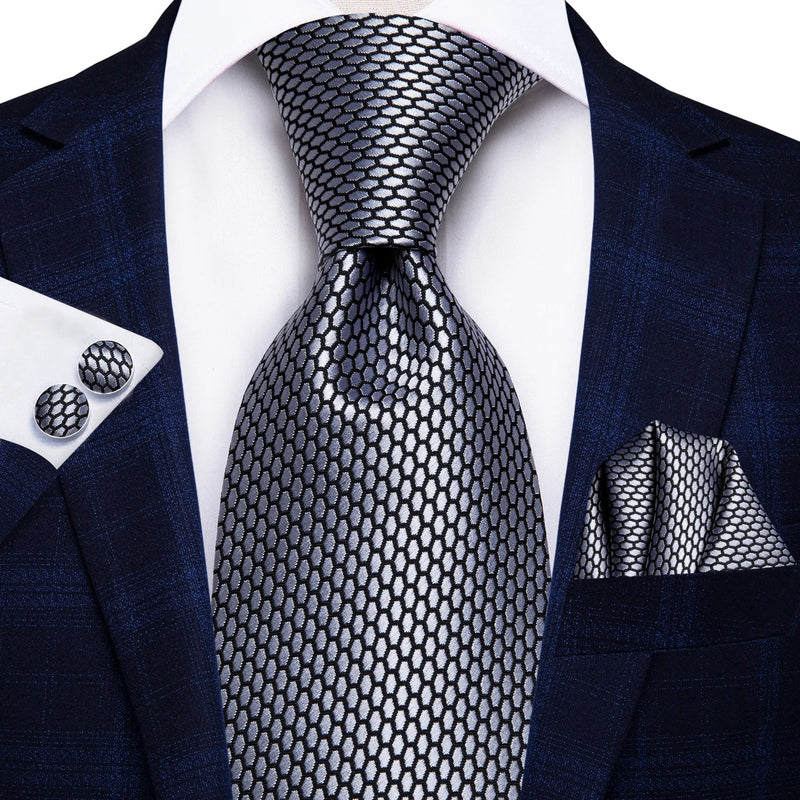 Silver Geometric Silk Tie - With Matching Cufflinks & Pocket Square