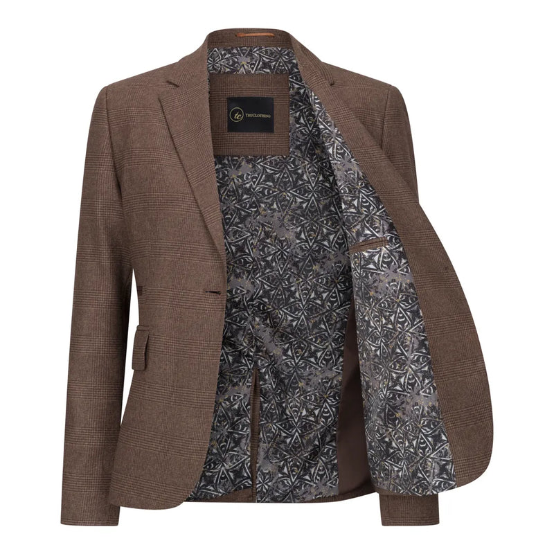 TPW50 - Women's Brown 3 Piece Prince Of Wales Check Suit