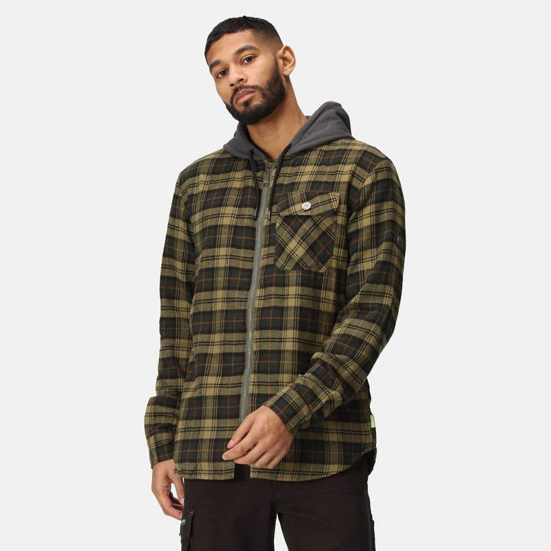 Regatta TRS205 Hooded Shirt Jacket Dark Khaki Check / Small