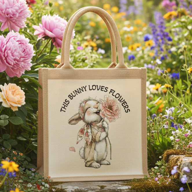 This Bunny Loves Flowers Jute Bag