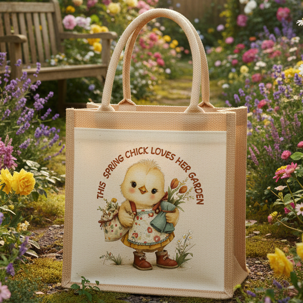 Spring Chick Product This Spring Chick Loves Her Garden Jute Bag — Red Robin Gifts