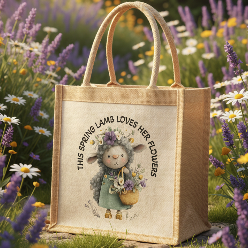 This Spring Lamb Loves Her Flowers Jute Bag