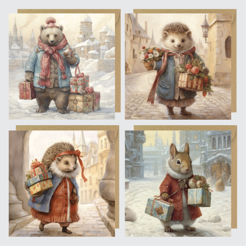 Traditional Animal Set of 4 Greetings Cards