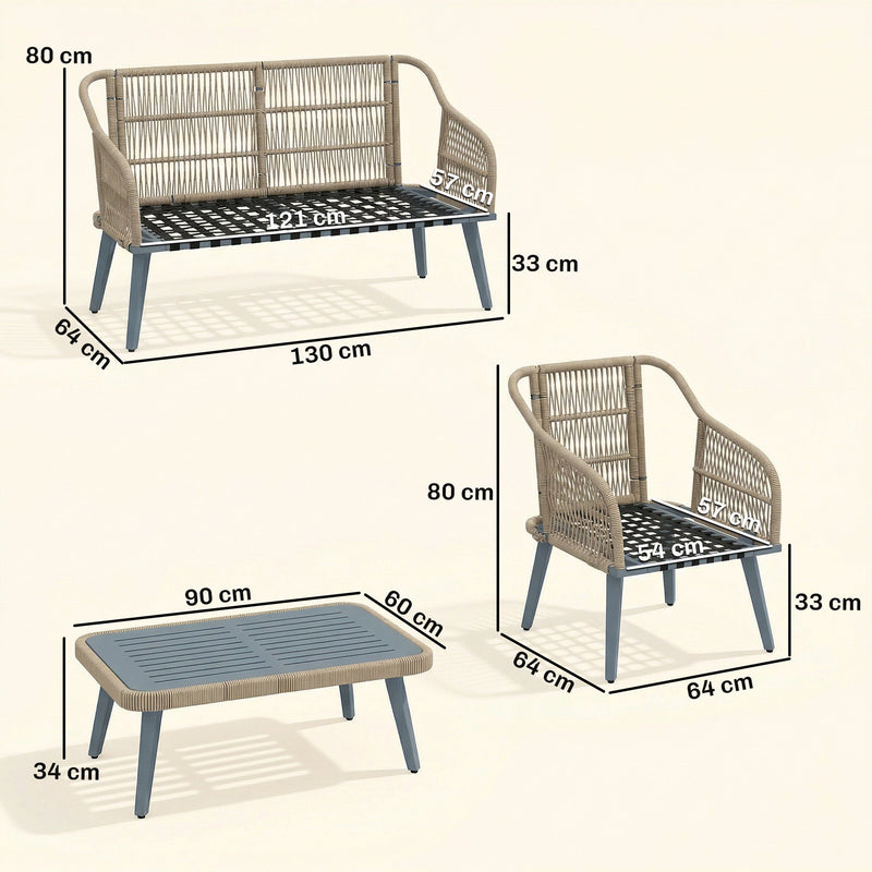 Outsunny 4 Piece Rattan Garden Furniture Set with Loveseat, Armchairs, Wood Table, Wicker Patio Conversation Set, Grey