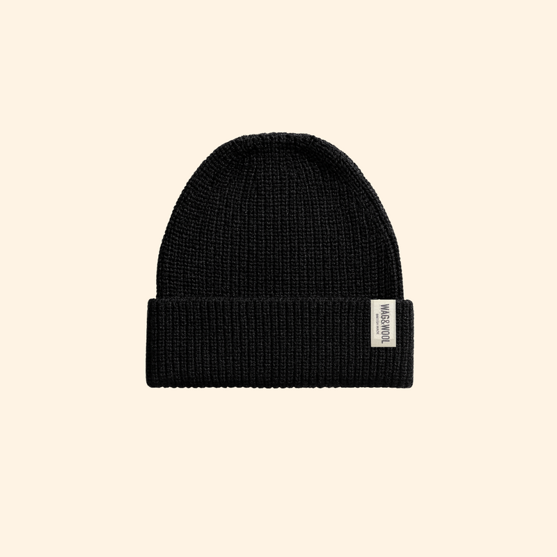 Jet Black British Wool Beanie Hat