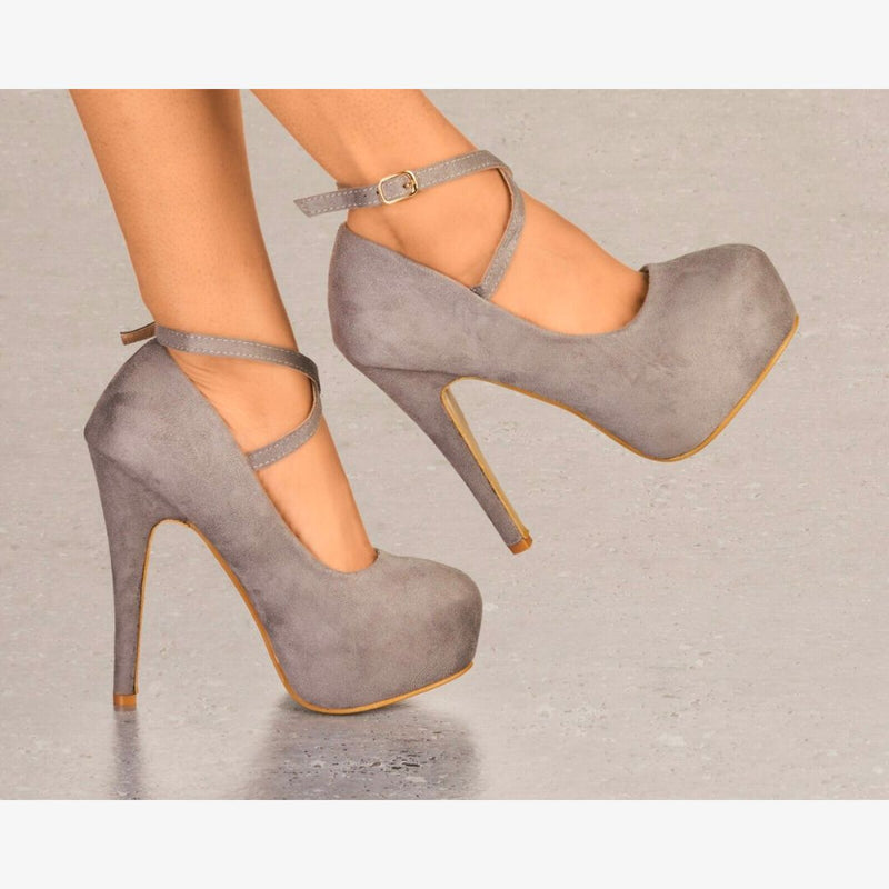 LADIES SUEDE PLATFORM HIGH HEELS CROSS STRAP STRAPPY EVENING PARTY SHOES