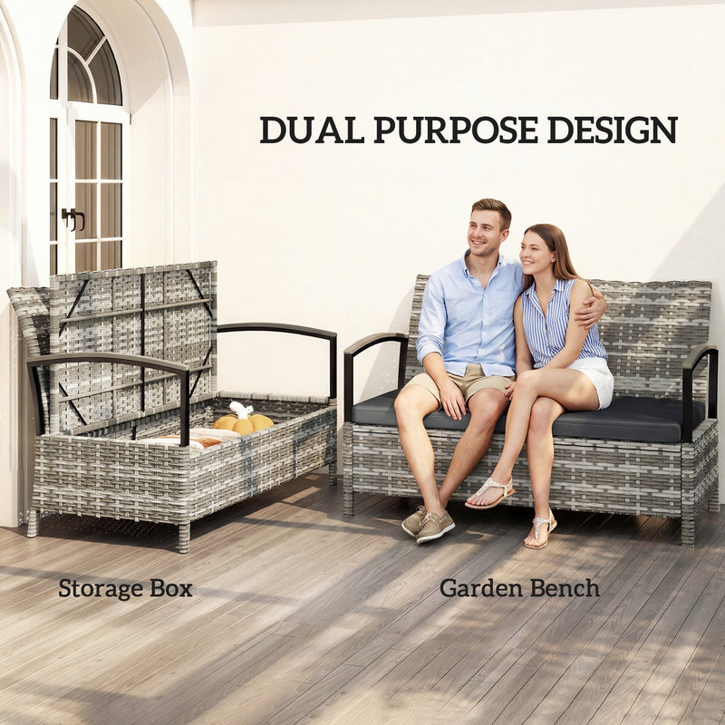 Outsunny 125L Garden Storage Bench, 2 Seater PE Rattan Outdoor Bench Storage Box with Padded Cushion, Dark Grey