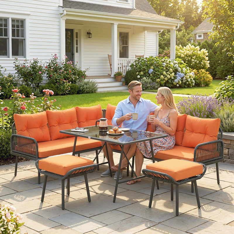 Outsunny 6 Piece Rattan Garden Furniture Set, 8 Seater Garden Corner Sofa with Cushions and Glass Top Table, Orange