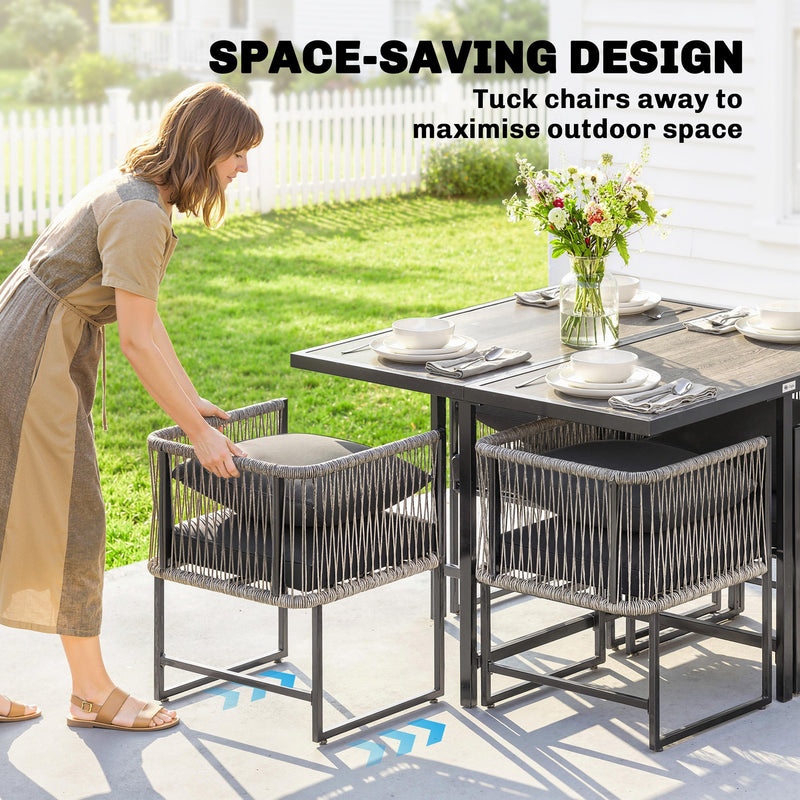 Outsunny 4-Seater Garden Dining Set, Rattan Outdoor Furniture with Space-Saving Chairs and Thick Cushions for Patio Balcony, Black