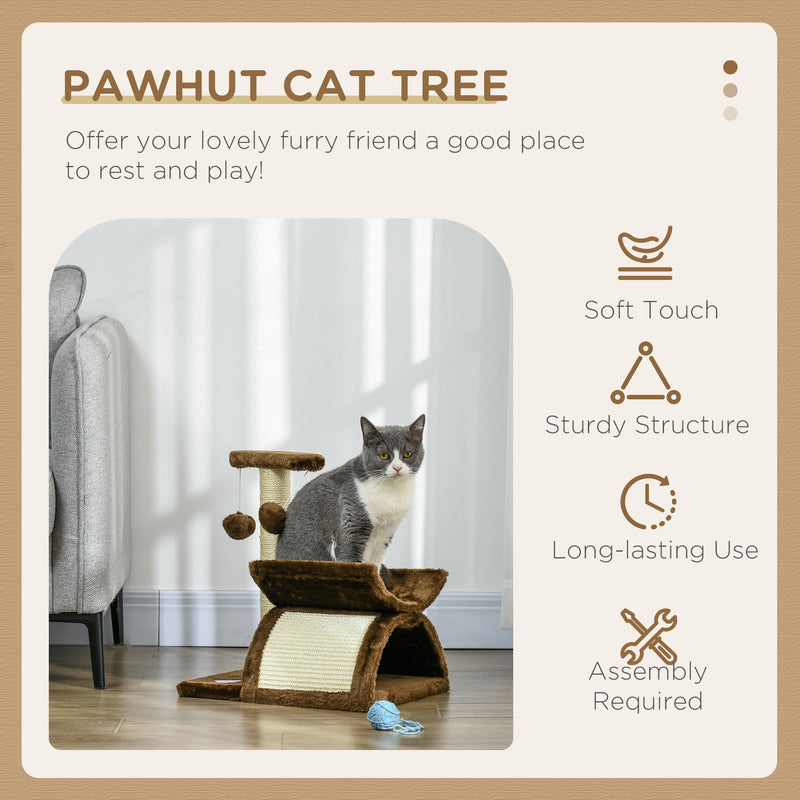 PawHut Cat Tree, Cat Tower for Kittens, Small Cat Condo with Rotatable Top Bar, Sisal Scratching Post, Tunnel, Dangling Balls - Brown
