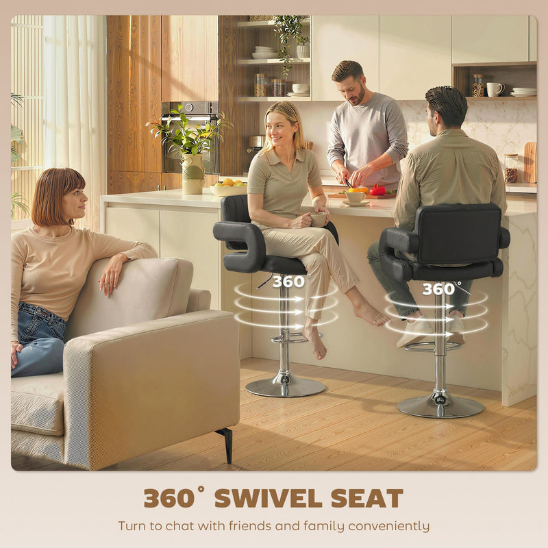 HOMCOM Bar Stools Adjustable Swivel Kitchen Chairs with Backrest Armrest Set of 2 PU Leather Black
