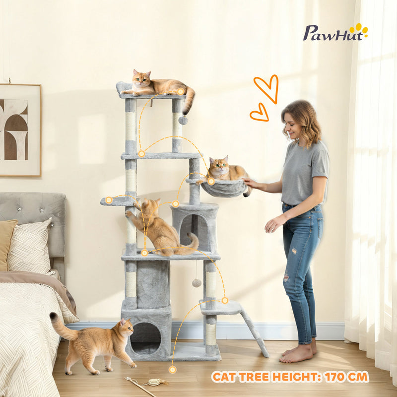 PawHut 170 cm Large Cat Tree, Cat Tower with 7 Scratching Posts, 2 Condos, Hammock,  Light Grey