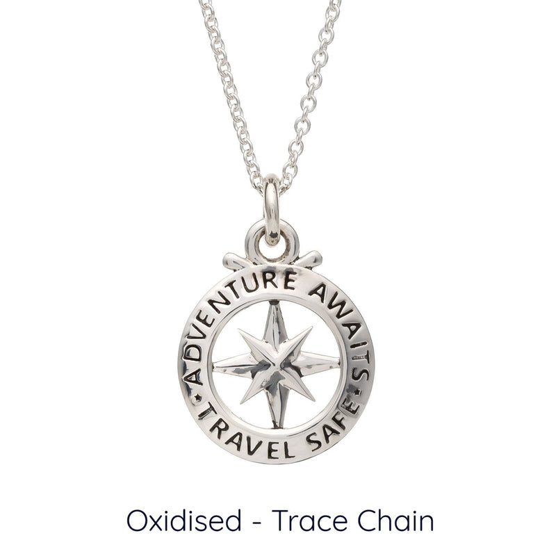 Travel Safe Outline Compass Small St Christopher Silver Necklace