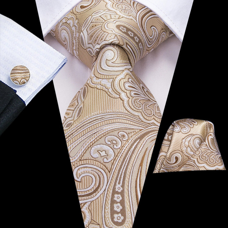 Beige Paisley Silk Tie - With Matching Cufflinks & Pocket Square
