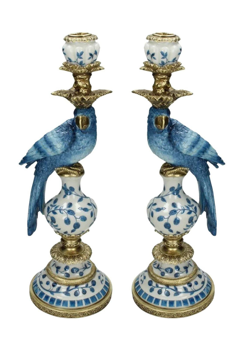 Blue Parrot Decorative Tall Candle Holder Pair 40cm