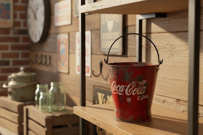 Small Rustic Hand Painted Metal Coca Cola Bucket