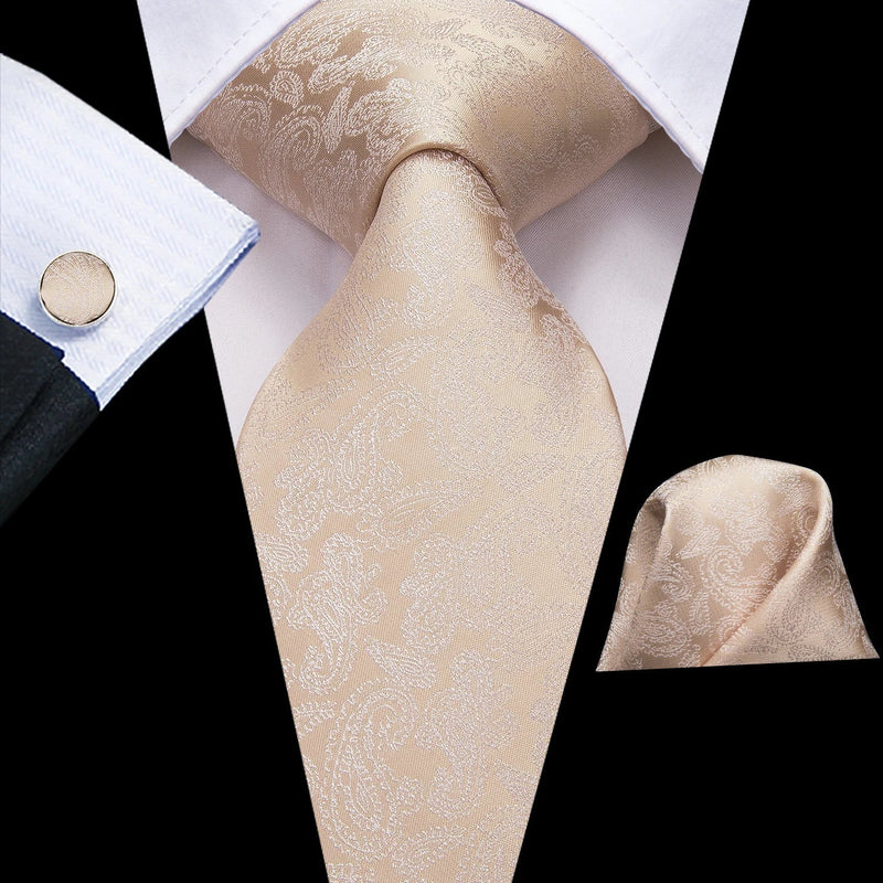 Cream Paisley Silk Tie - With Matching Cufflinks & Pocket Square