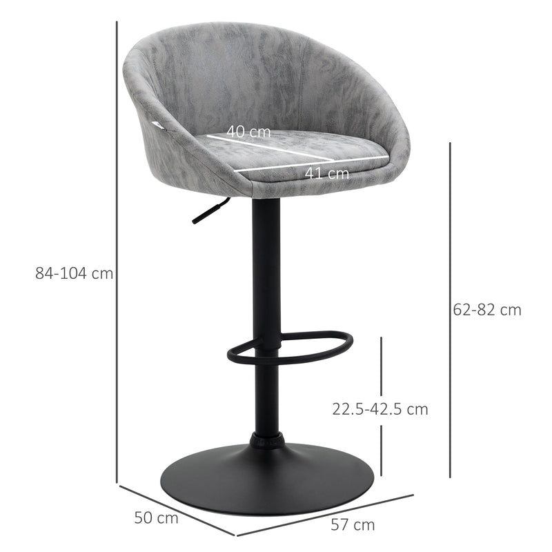 HOMCOM Modern Bar Stools Set of 2, Height Adjustable Swivel Barstools, PU Leather Upholstered Bar Chair with Backrest, Armrests and Footrest for Breakfast Bar, Counter, Kitchen, Light Grey