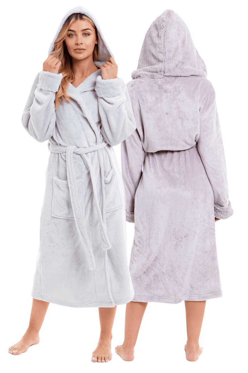 OLIVIA ROCCO Womens Faux Fur Hooded Bathrobe Plush Fleece Ultra-Absorbent Dressing Gown