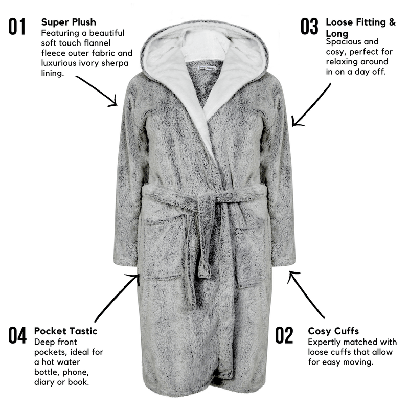 OLIVIA ROCCO Women's Shimmer Grey Plush Fleece Hooded Robe With Ultra Soft Sherpa Lining
