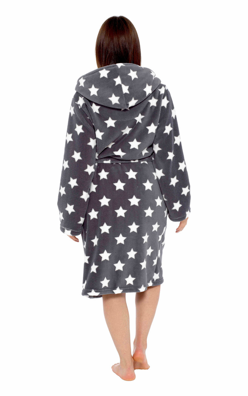 OLIVIA ROCCO Hooded Plush Fleece Robe Star Grey With Ultra Soft Sherpa Fur Lining