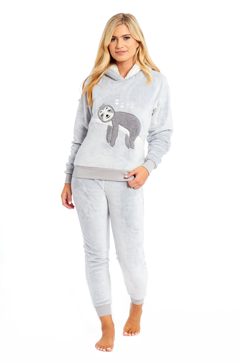 OLIVIA ROCCO Matching Mother Daughter Plush Fleece Hooded Pyjama Set Embroidered Sloth