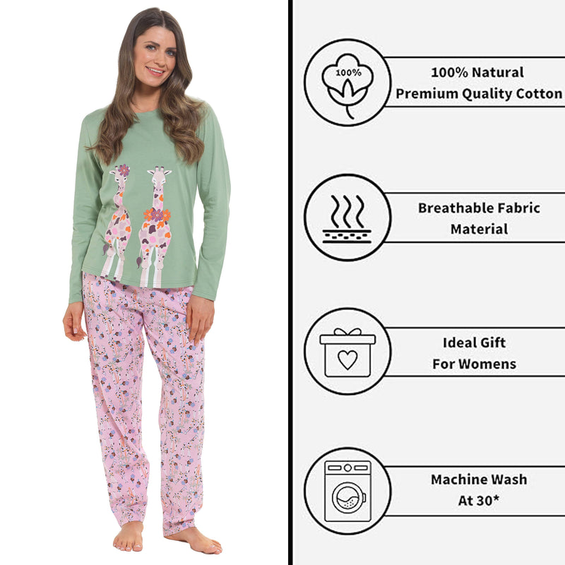 OLIVIA ROCCO Women's Giraffe Print Cotton Jersey Long Sleeve Pyjama Set Soft Sleepwear