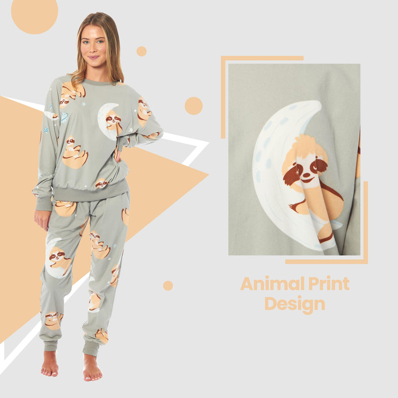 OLIVIA ROCCO Women's Sloth Soft Fleece Pyjama Set Long Sleeve Animal Print Warm Sleepwear