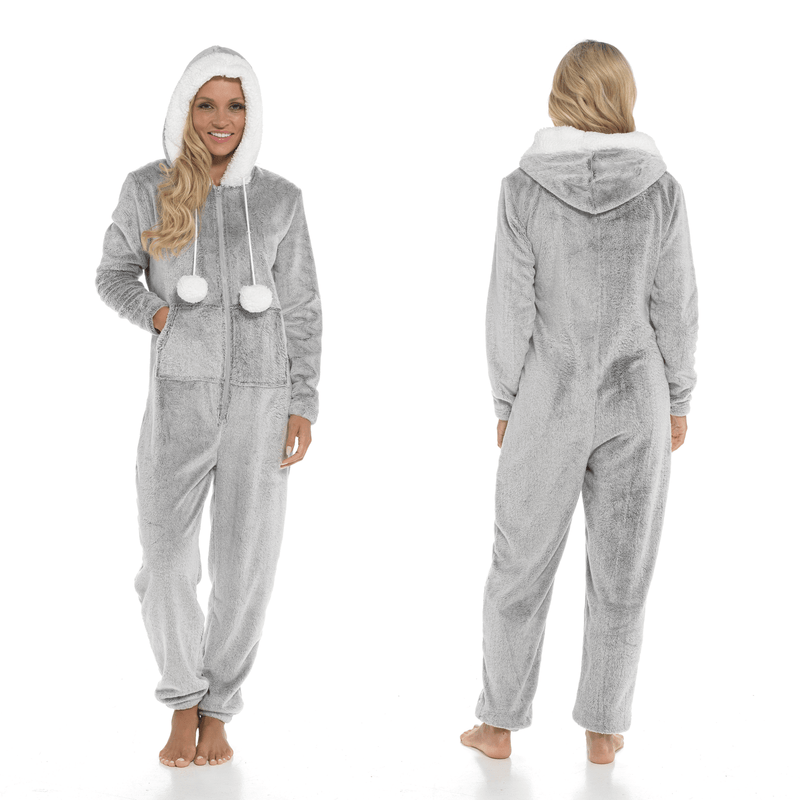 OLIVIA ROCCO Womens Shimmer Fleece Hooded Onesie With Zip Pockets Pompom Detail Easy-Care Hotel-Quality Textile