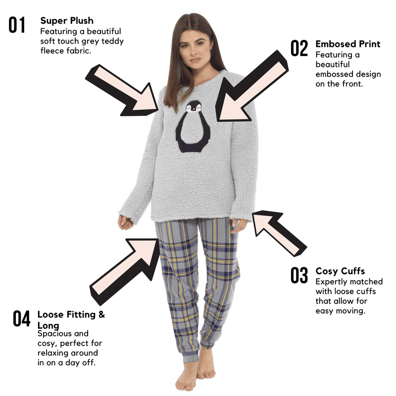 OLIVIA ROCCO Women's Teddy Fleece Pyjama Set Penguin Design Soft Cosy Nightwear Super Soft Cosy Home Loungewear