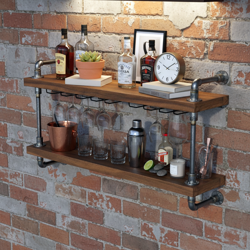 Double Shelf Industrial Home Bar Counter - Dark Oak
