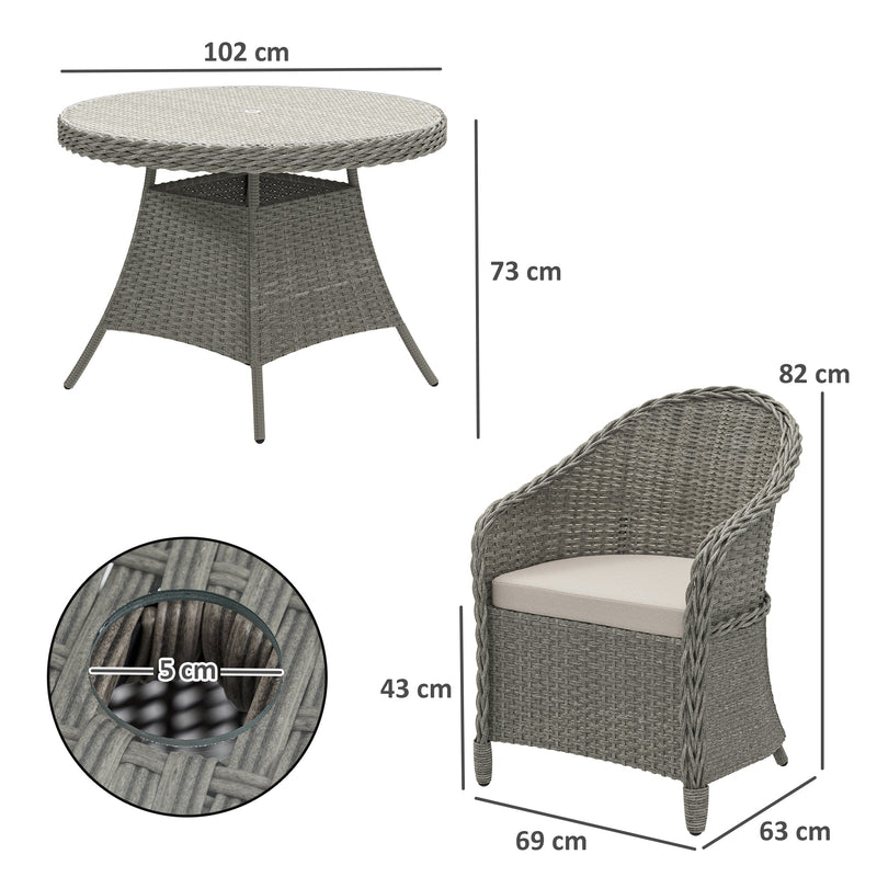 Outsunny 4 Seater Rattan Garden Furniture Set with Cushions, Round PE Rattan Dining Set with Glass-Top Table, Umbrella Hole, Outdoor Garden Table and Chairs, Grey