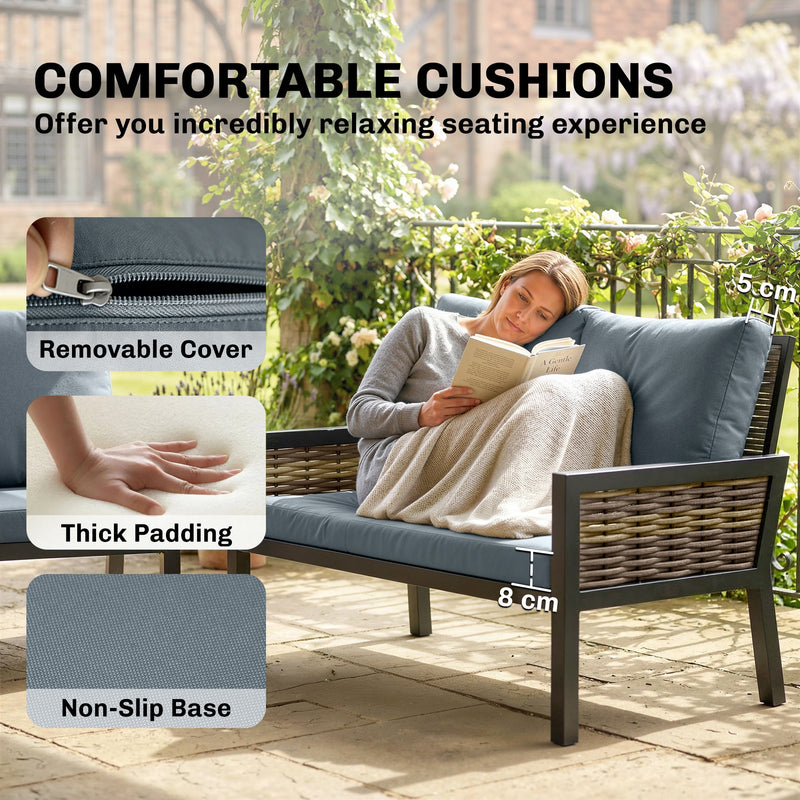 Outsunny 4 Seater Rattan Garden Furniture Set with 2 Armchairs, Loveseat, Coffee Table, Garden Sofa Set with Cushions, Grey