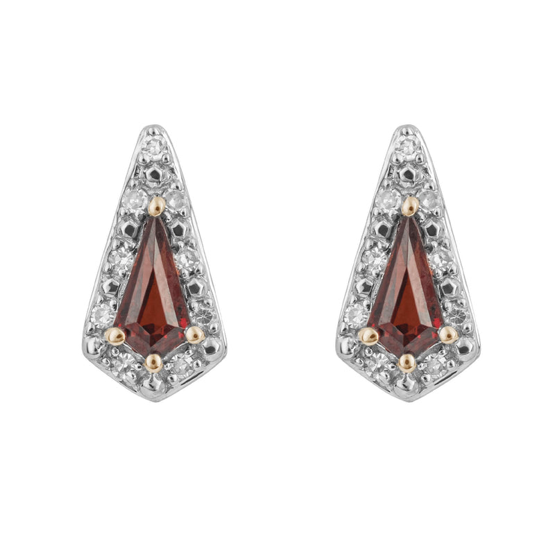Elements Gold Trapeze Cut Garnet Stud Earrings with Diamond