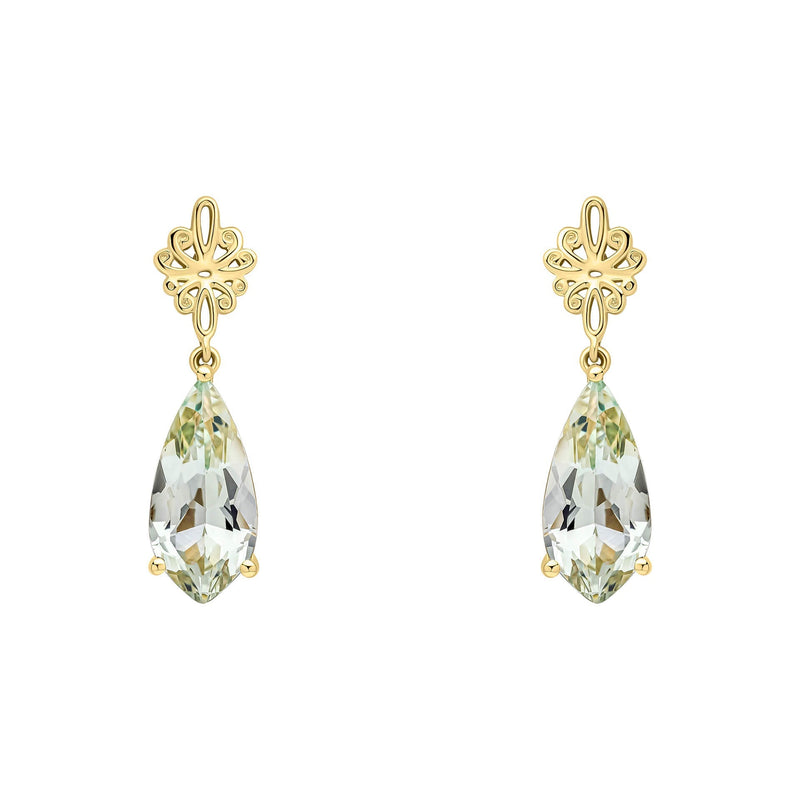 Elements Gold Fancy Cut Green Quartz Drop Earrings with Swirl Detail