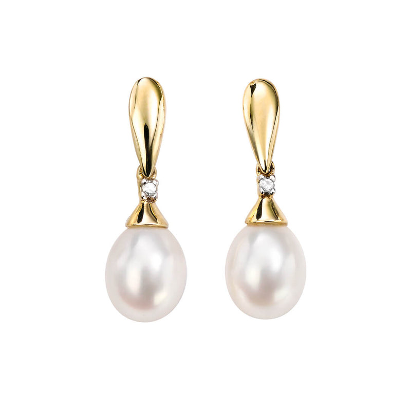 Elements Gold Freshwater Pearl and Diamond Drop Earrings