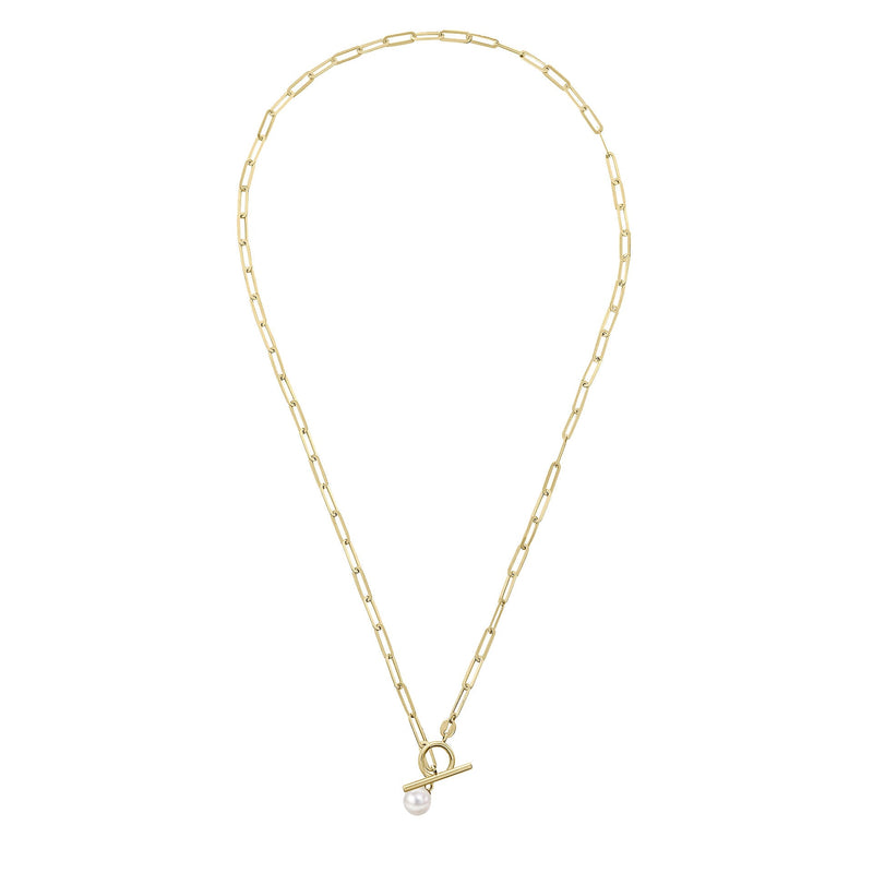 Elements Gold T-Bar Chain Necklace with Freshwater Pearl Charm