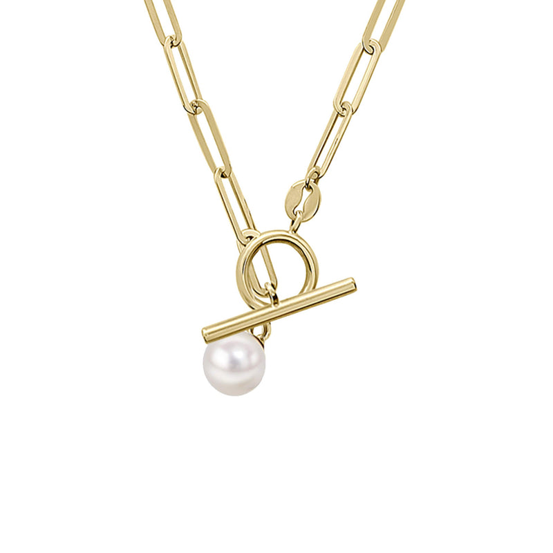 Elements Gold T-Bar Chain Necklace with Freshwater Pearl Charm