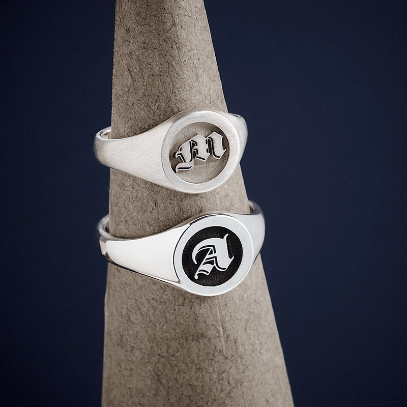 Gothic Initial Round Silver Signet Ring