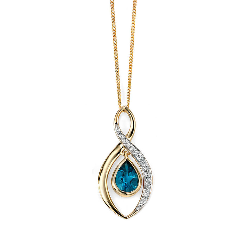 Elements Gold Twist Teardrop Blue Topaz Pendant with Diamond