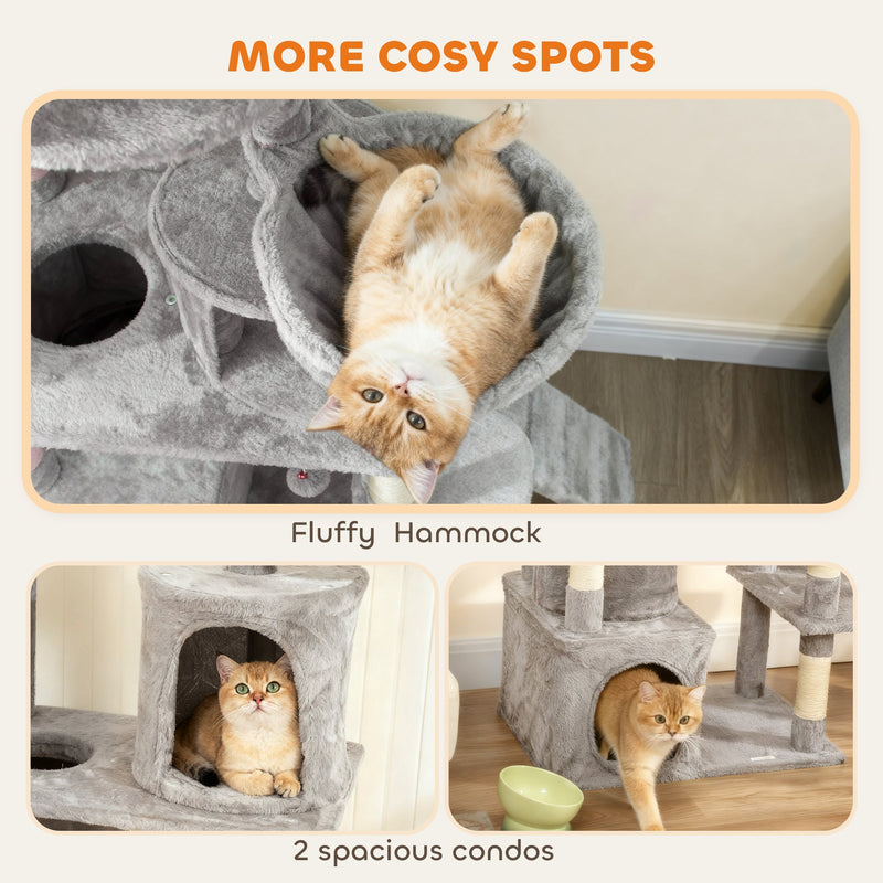 PawHut 170 cm Large Cat Tree, Cat Tower with 7 Scratching Posts, 2 Condos, Hammock,  Light Grey