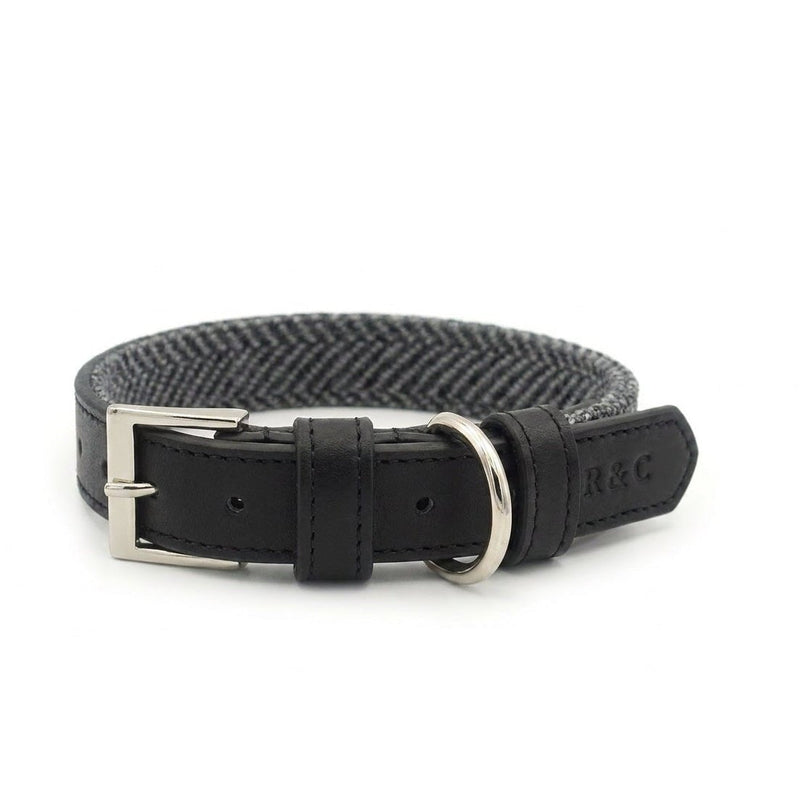 THE BALMORAL | LUXURY GREY HERRINGBONE & LEATHER DOG COLLAR