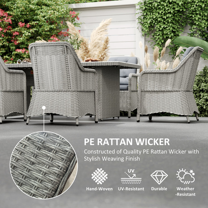 Outsunny 6 Seater Rattan Dining Set, Round PE Rattan Garden Furniture Set with Seat and Back Cushions, Aluminium Outdoor Dining Table and Chairs with 6 Armchairs, Rectangular Glass Top Table, Grey