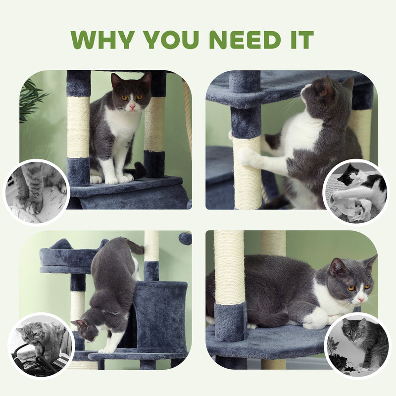 PawHut 206cm Cat Tree, Multi-Level Cat Tower with Scratching Posts and Board, Beds, Condos, Platforms, Toy Balls, Dark Grey