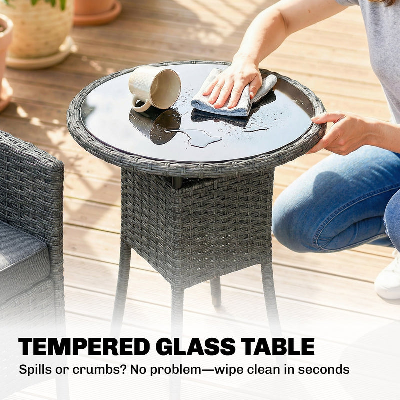 Outsunny Rattan Bistro Set, Reclining Garden Chairs and Glass Coffee Table with Cushions for Patio Balcony Porch, Grey