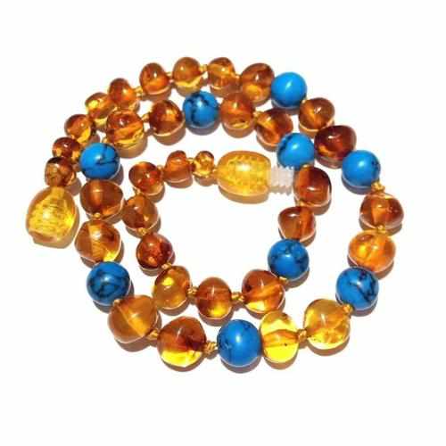 Boys Girls Apollo Polished Honey Baltic Amber Blue Green Turquoise Howlite Necklace