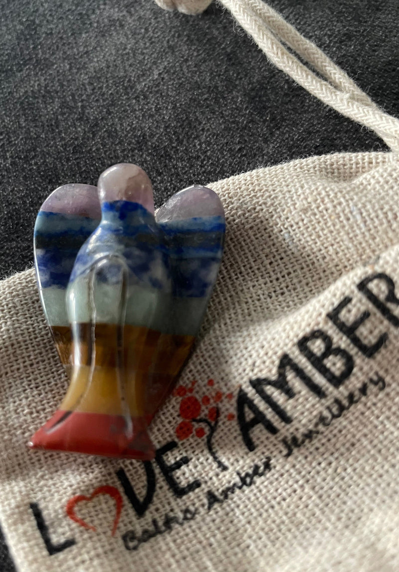 Chakra Pocket Guardian Angel. 7 Bonded Gemstone Carving. Crystal Reiki Healing Figurine