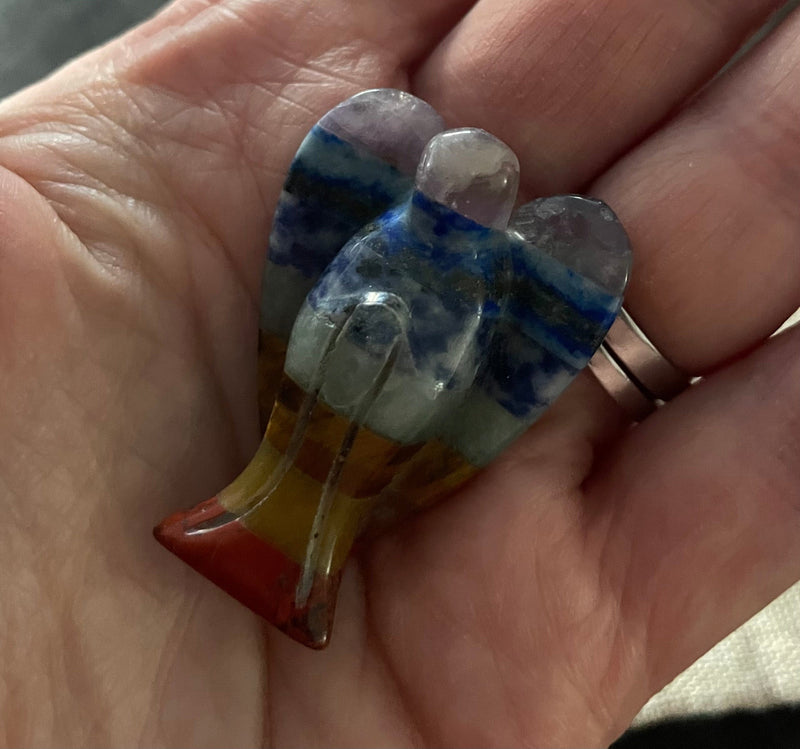 Chakra Pocket Guardian Angel. 7 Bonded Gemstone Carving. Crystal Reiki Healing Figurine
