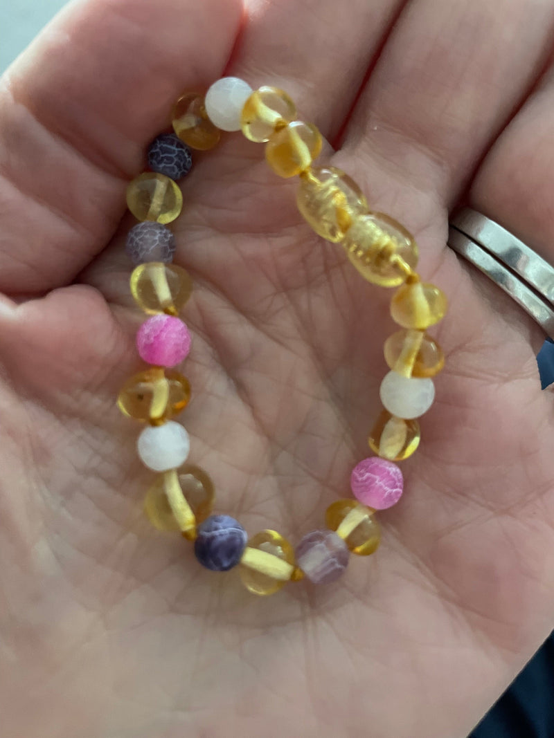 Child Amelie Pink Purple Agate Honey Baltic Amber Anklet Bracelet