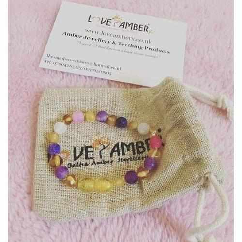 Child Amelie Pink Purple Agate Honey Baltic Amber Anklet Bracelet